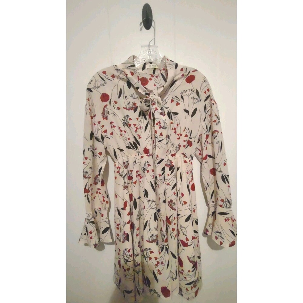 GG House Women's Cream Red Floral Tie Neck Long Sleeve Lined Dress Size Small